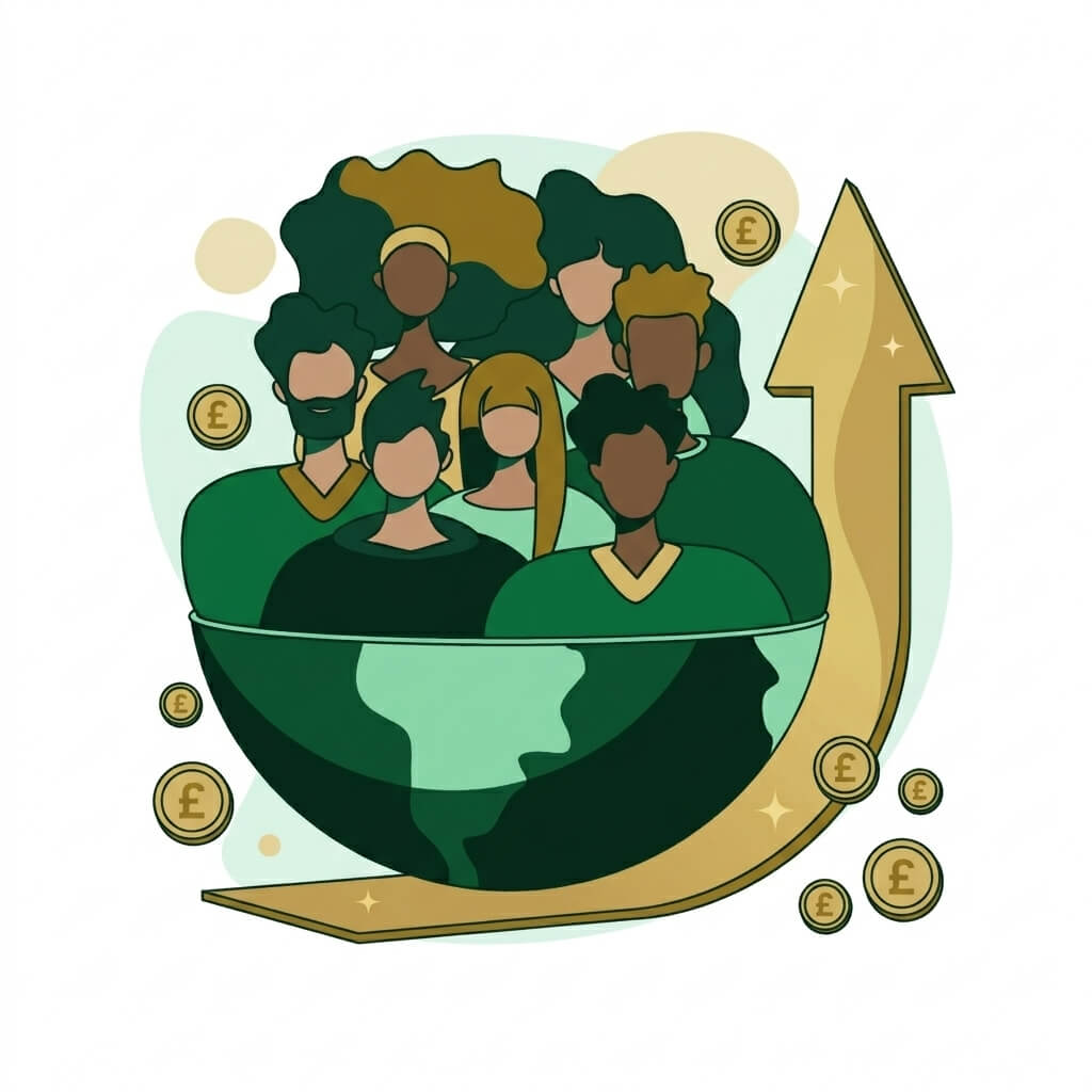 Illustration: a diverse group of people sitting in a globe, with a rising gold arrow and £ coins around them